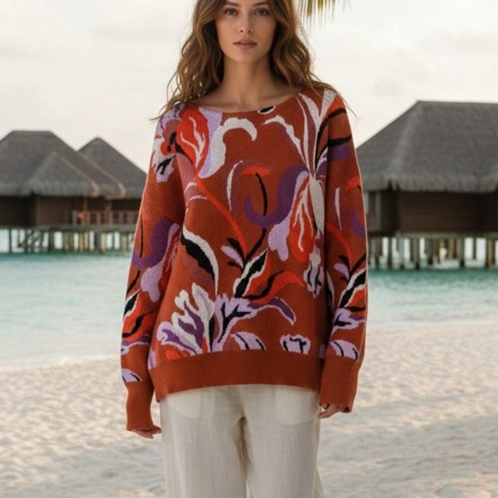 Maeve Orange Purple Abstract Floral Intarsia Sweater 1X